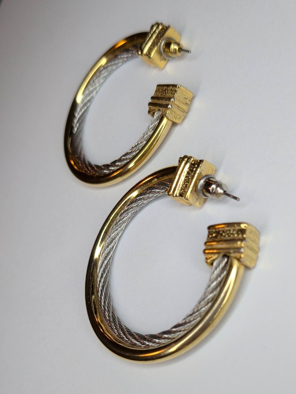 Women's Hoop Earrings Twisted Rope & Cable Silver Gold Tone Two Tone 1.75" - Picture 3 of 9